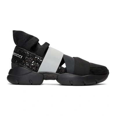 Shop Emilio Pucci Black And Grey Pucci At Night Glitter Ruffle Elastic Slip-on Sneakers In A77 Black