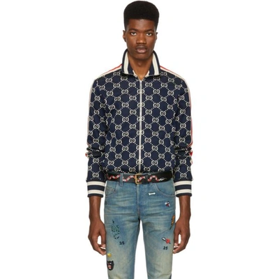 Shop Gucci Navy And Off-white Gg Track Jacket In 4245blured