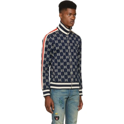 Shop Gucci Navy And Off-white Gg Track Jacket In 4245blured