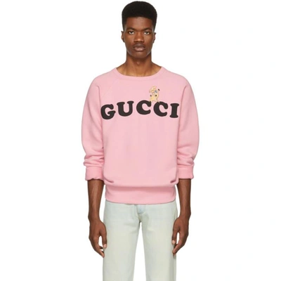 Gucci Pig Embroidered Logo Crew Neck Sweatshirt In Pink | ModeSens