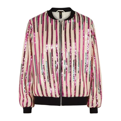 Shop Ragyard Striped Sequinned Bomber Jacket In Pink