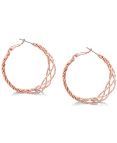 Guess Rose Gold-tone 1 1/2" Twisted Lattice Medium Hoop Earrings In Rose Gold