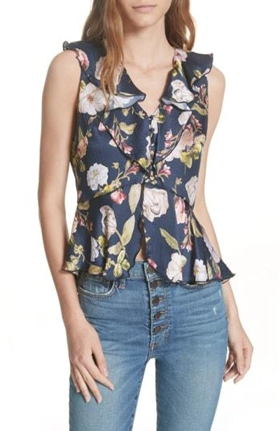 Shop Alice And Olivia Nora Floral Ruffle Silk Blouse In Hazy Floral/ Sapphire