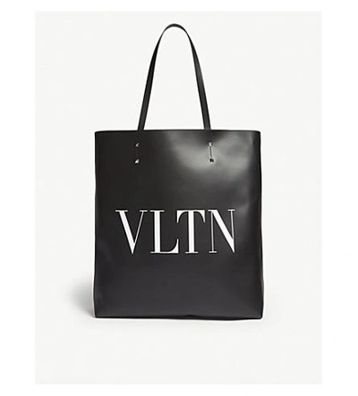 Shop Valentino Black And White Vltn Leather Tote Bag In Black White
