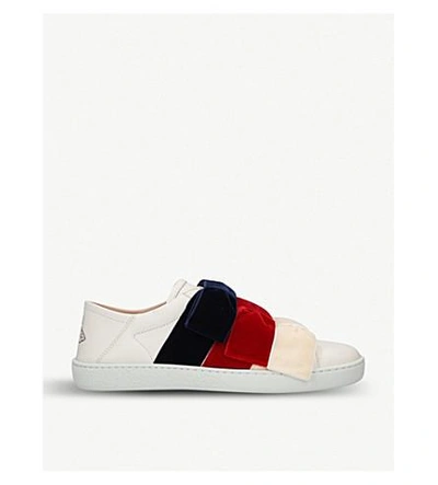 Shop Gucci New Ace Velvet-bow Leather Trainers In White