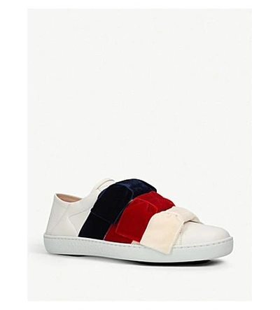 Shop Gucci New Ace Velvet-bow Leather Trainers In White