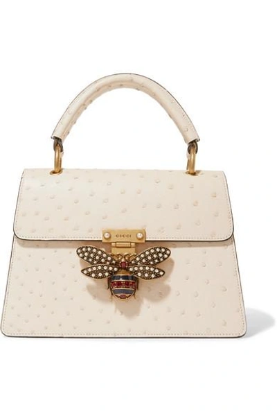 Shop Gucci Queen Margaret Embellished Ostrich Shoulder Bag In Ivory