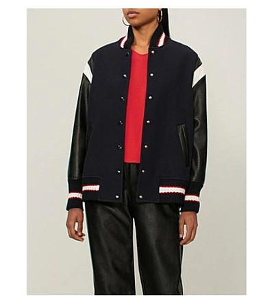 Shop Stella Mccartney Appliquéd Faux-leather And Wool Varsity Jacket In Ink