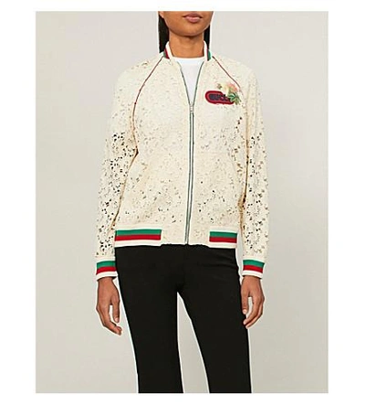 Shop Gucci Logo-embroidered Lace Bomber Jacket In Cream