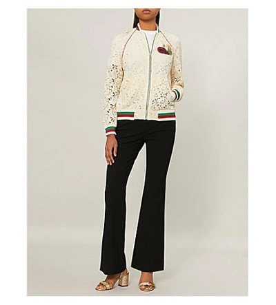 Shop Gucci Logo-embroidered Lace Bomber Jacket In Cream