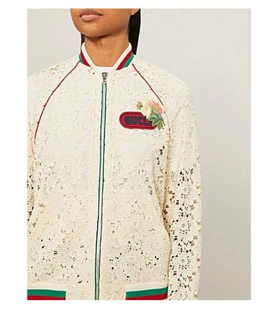 Shop Gucci Logo-embroidered Lace Bomber Jacket In Cream