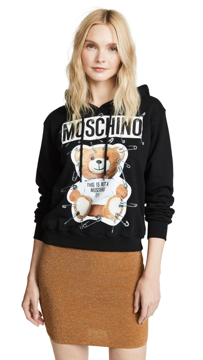 Shop Moschino Safety Pin Bear Hoodie In Black