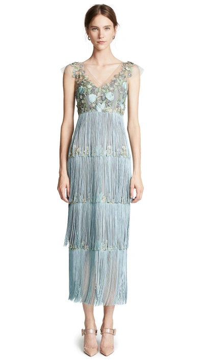 Shop Marchesa Notte Tiered V Neck Gown In Light Blue