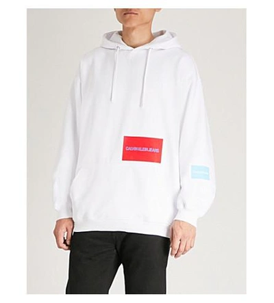 Shop Ck Jeans Multi-patch Cotton-blend Hoody In Bright White / Sky Blue