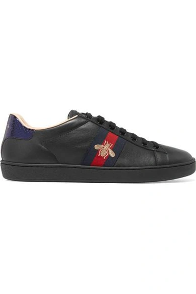 Shop Gucci Ace Watersnake-trimmed Embroidered Leather Sneakers In Black