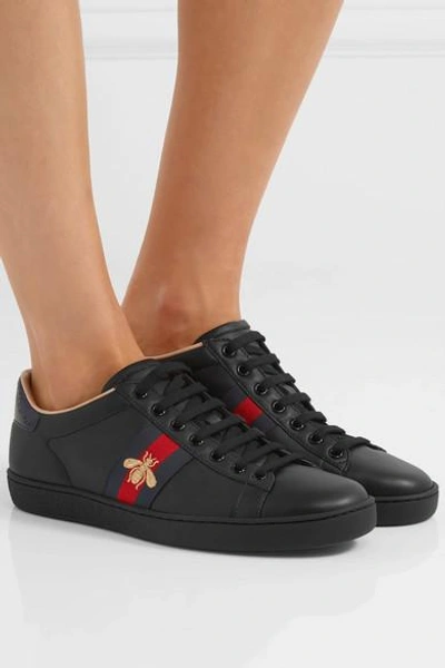 Shop Gucci Ace Watersnake-trimmed Embroidered Leather Sneakers In Black