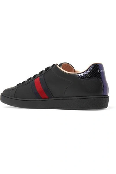 Shop Gucci Ace Watersnake-trimmed Embroidered Leather Sneakers In Black
