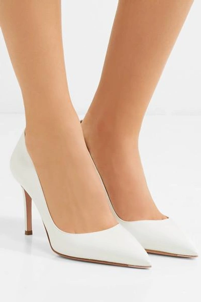 Shop Prada 85 Glossed Textured-leather Pumps In White