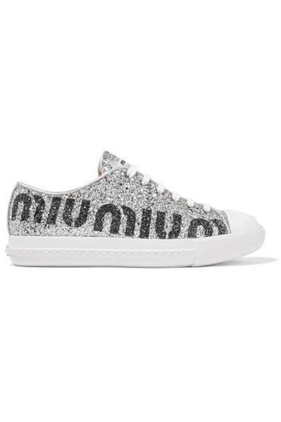 Shop Miu Miu Logo-print Glittered Leather Sneakers In Silver