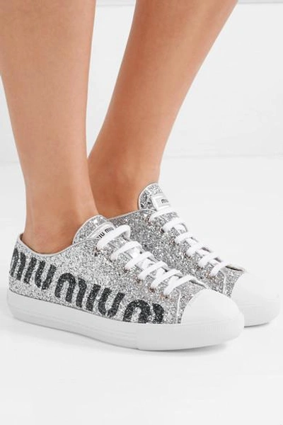 Shop Miu Miu Logo-print Glittered Leather Sneakers In Silver