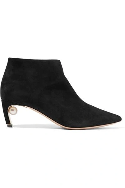 Shop Nicholas Kirkwood Mira Faux Pearl-embellished Suede Ankle Boots In Black
