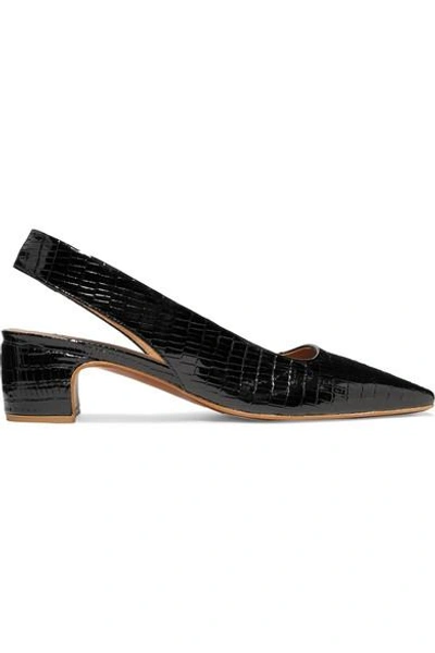 Shop By Far Danielle Lizard-effect Patent-leather Slingback Pumps In Black