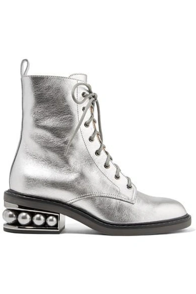 Nicholas Kirkwood Casati' Faux Pearl Heel Metallic Leather Ankle Boots In  Silver