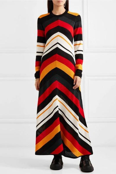 Shop Msgm Striped Wool-blend Maxi Dress In Black