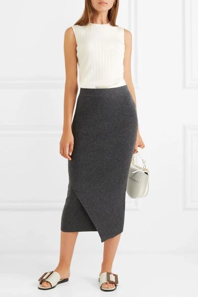 Shop Allude Wrap-effect Ribbed Wool And Cashmere-blend Midi Skirt In Gray