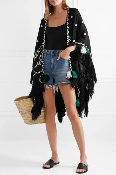 Shop Figue Corazon Fringed Embroidered Wool Wrap In Black