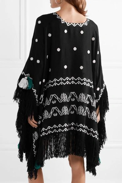 Shop Figue Corazon Fringed Embroidered Wool Wrap In Black