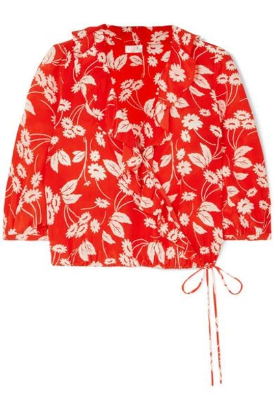 Shop Rixo London Sofia Ruffled Floral-print Silk-crepe Wrap Top In Red