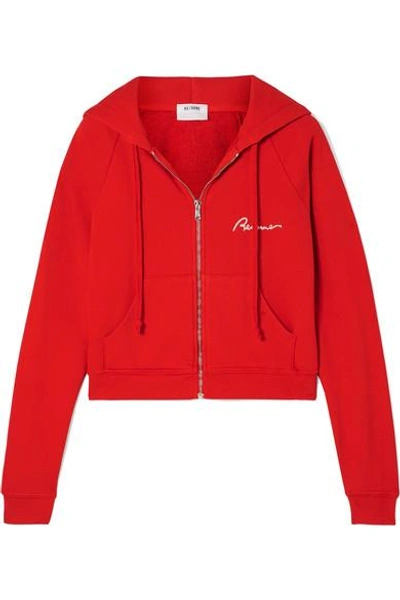 Shop Re/done Embroidered Cotton-jersey Hoodie In Red