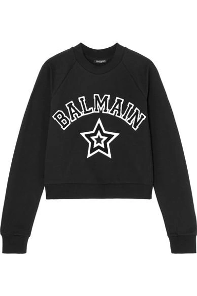 Shop Balmain Cropped Appliquéd Cotton-jersey Sweatshirt In Black