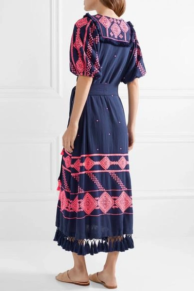 Shop Figue Mela Tasseled Embroidered Cotton-voile Midi Dress In Navy