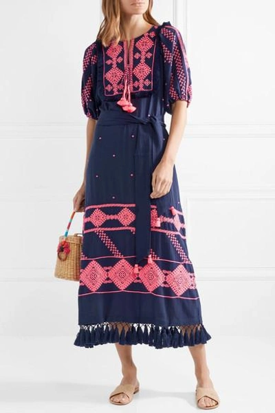 Shop Figue Mela Tasseled Embroidered Cotton-voile Midi Dress In Navy