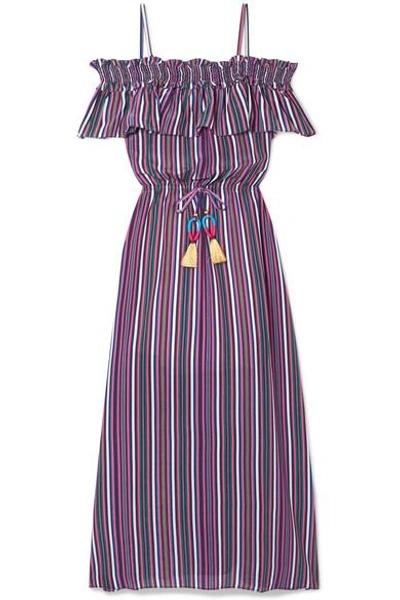 Shop Figue Mirella Cold-shoulder Striped Silk Crepe De Chine Midi Dress In Purple