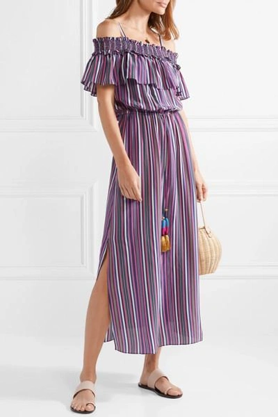 Shop Figue Mirella Cold-shoulder Striped Silk Crepe De Chine Midi Dress In Purple