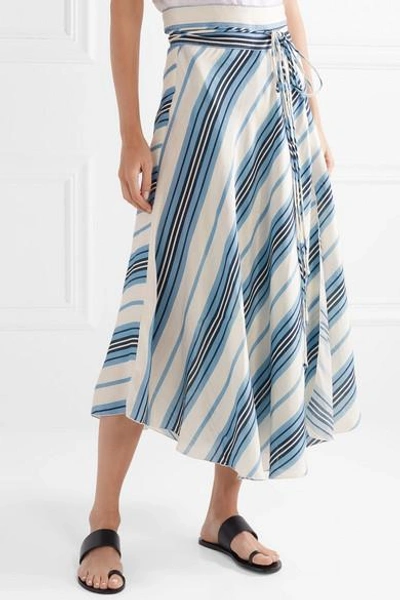 Shop Apiece Apart Rosehip Wrap-effect Striped Linen And Silk-blend Skirt In Blue