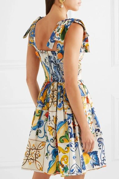 Shop Dolce & Gabbana Printed Cotton-poplin Mini Dress In Blue