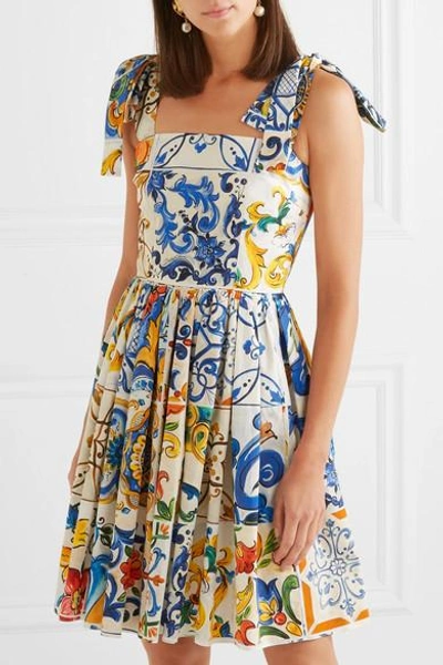 Shop Dolce & Gabbana Printed Cotton-poplin Mini Dress In Blue