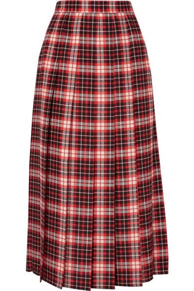 Shop Msgm Pleated Tartan Crepe De Chine Midi Skirt In Red