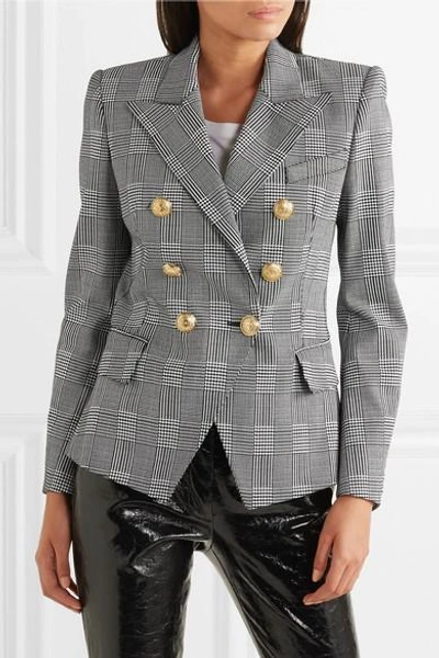 Shop Balmain Double-breasted Prince Of Wales Checked Cotton-blend Blazer In Black