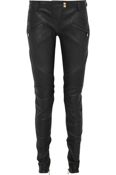 Shop Balmain Ribbed Leather Skinny Pants In Black