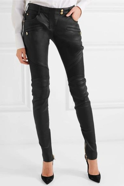 Shop Balmain Ribbed Leather Skinny Pants In Black