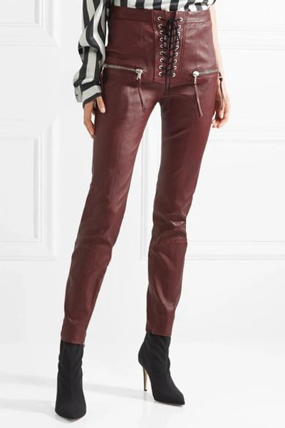 Shop Ben Taverniti Unravel Project Lace-up Leather Skinny Pants In Burgundy