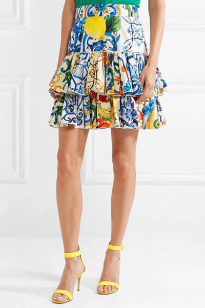 Shop Dolce & Gabbana Tiered Printed Cotton-poplin Mini Skirt In Blue