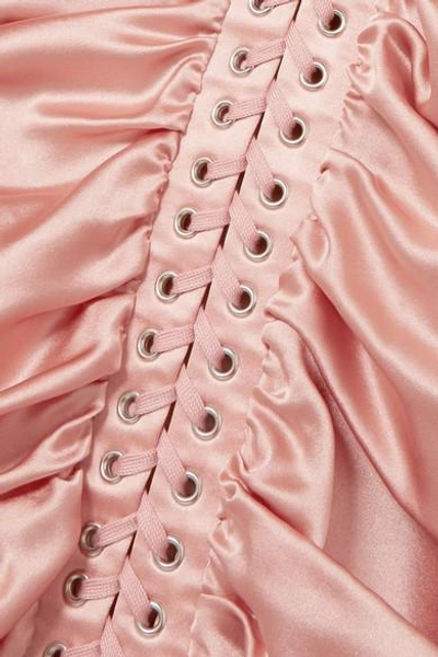 Shop Dolce & Gabbana Lace-up Ruched Stretch-silk Satin Midi Dress In Blush