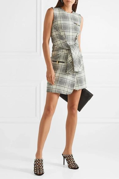 Shop Alexander Wang Leather-trimmed Bouclé-tweed Mini Dress In Gray