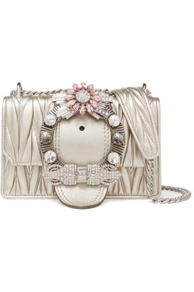 Shop Miu Miu Miu Lady Crystal-embellished Metallic Matelassé Leather Shoulder Bag In Gold